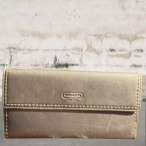 Coach Turn-Lock Leather Checkbook Wallet Silver Metallic